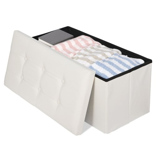 Beige Foldable Ottoman with Padded Seat and Storage Space