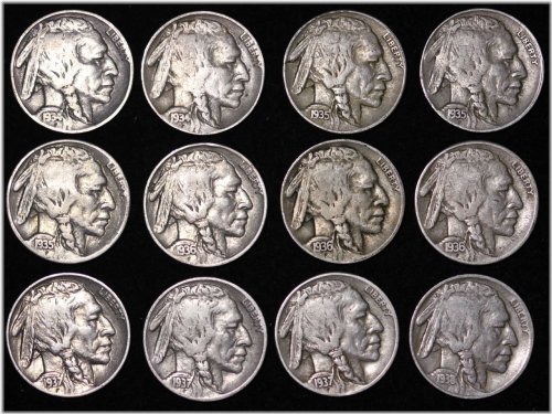 1934-1938 Buffalo Nickel Short Set - 12 Coins