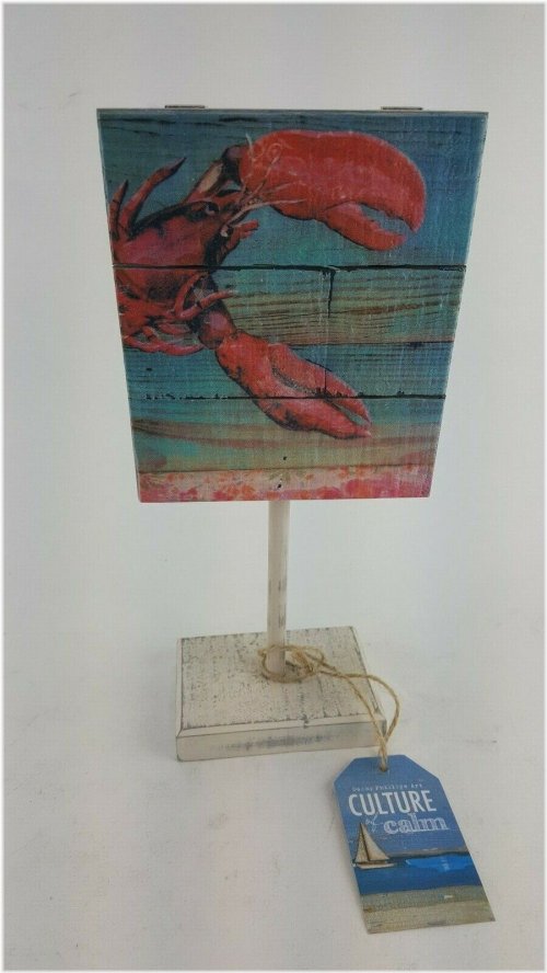 Nautical Lobster Artwork on Hand-Painted Wooden Pedestal