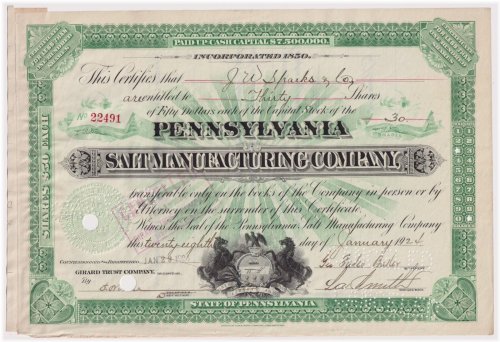 Historic Pennsylvania Salt Manufacturing Co. Stock Certificates