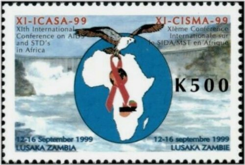 Zambian Stamp Collection: AIDS Globe Map and Waterfall Design