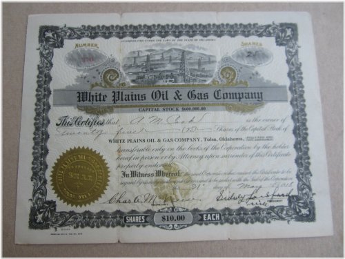 White Plains Oil and Gas Company 1918 Stock Certificate - Oklahoma Vintage