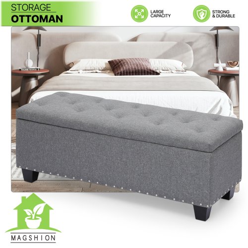 Grey Tufted Storage Ottoman Bench