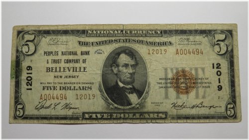 Belleville New Jersey $5 National Currency Banknote