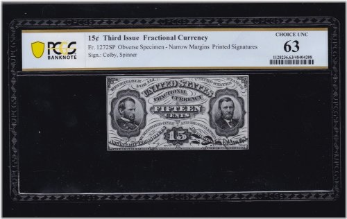 Frontier Specimen 15c Narrow Margin PCGS 63 (005)