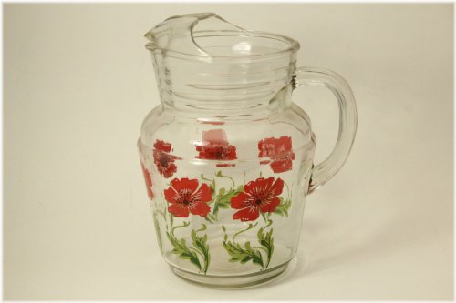 Red Floral Glass Pitcher with Ice Lip