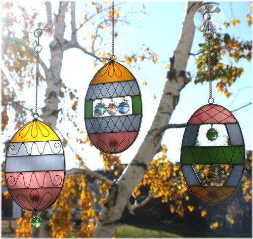 Stained Glass Oval Suncatcher Set with Tiffany Style Marbles and Wire Easter Eggs