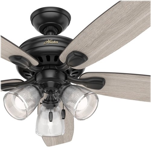 Matte Black Contemporary Ceiling Fan with Light and Pull Chain by Hunter