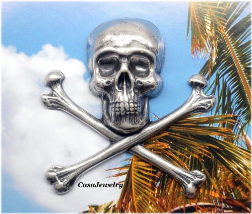 Antiqued Sterling Silver Plated Skull and Cross Bones Decoration