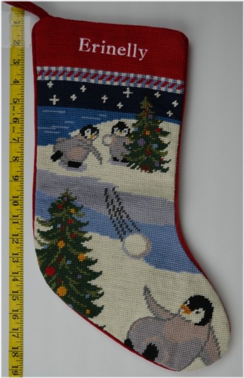 Penguin Perch Needlepoint Christmas Stocking