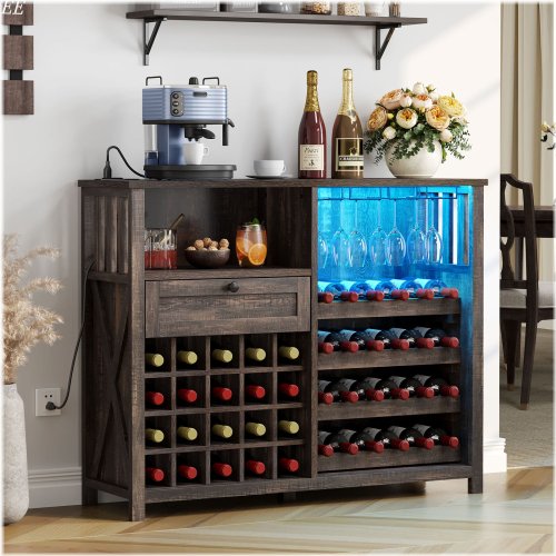 Wine Bar Cabinet with Integrated LED Lighting and Convenient Power Outlets