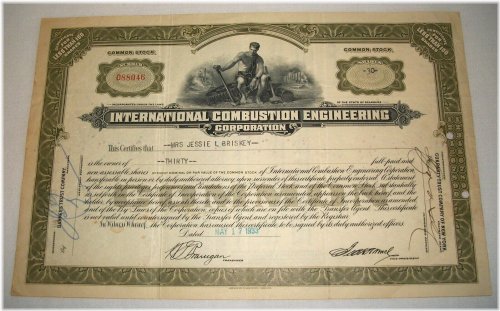 International Combustion Engineering Corporation 1933 Stock Certificate