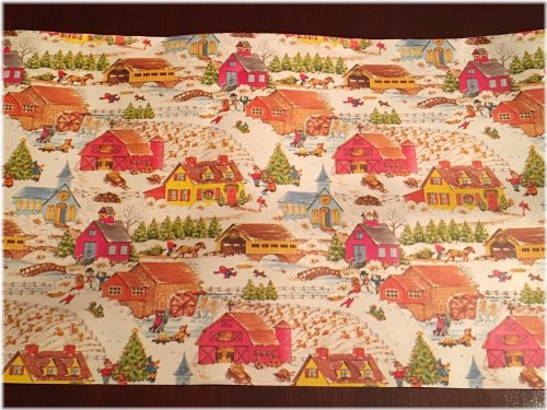 Retro Holiday Wrapping Paper with Scenic Farm and Church Design - 2 Yards