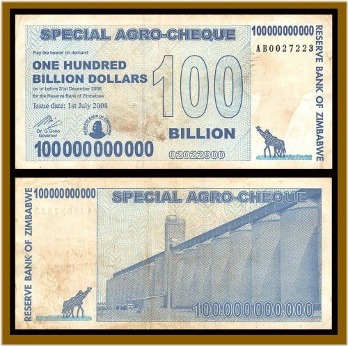 Agro Cheque Zimbabwe 100 Billion Dollars, 2008 (Cir) with COA