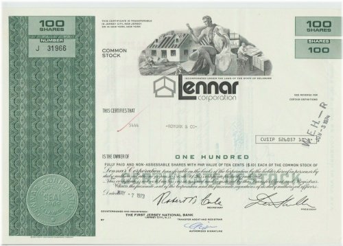 Historic Lennar Corporation Stock Certificate
