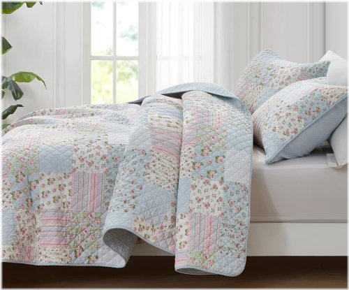 Floral Pre-Washed Cotton Quilt Set in Blue and Pink