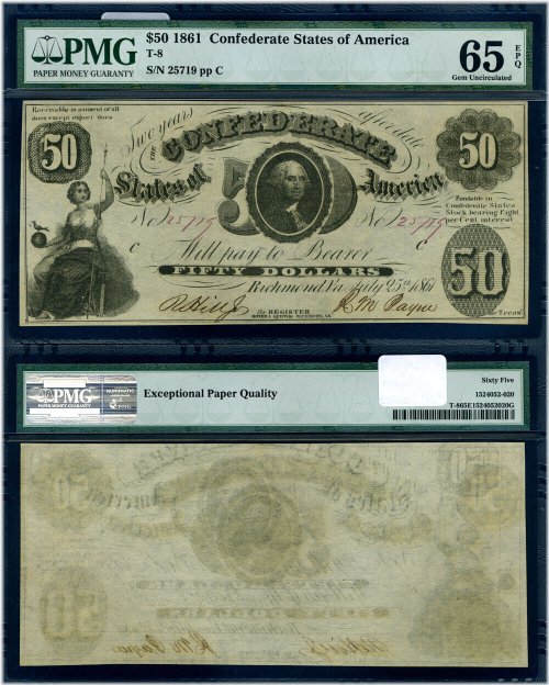 Confederate States of America $50 Banknote, Series 1861, Grade CU65