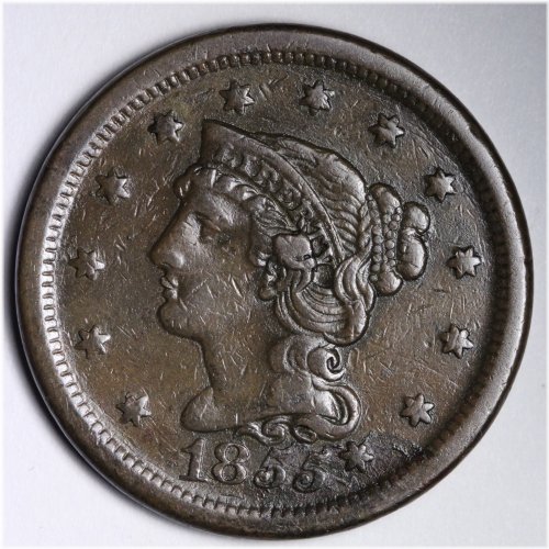 Knob On Ear Braided Hair Large Cent 1855 XF+