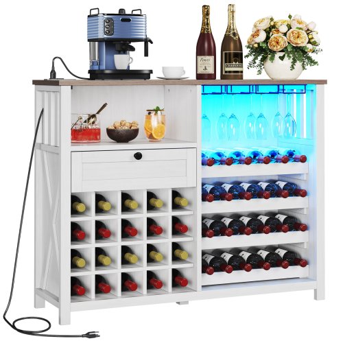 Wine Bar Cabinet with Integrated LED Lighting and Convenient Power Outlets