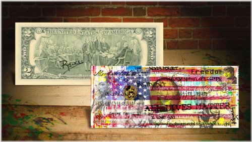 Patriotic $2 Bill with Social Commentary by Rency Art and Banksy