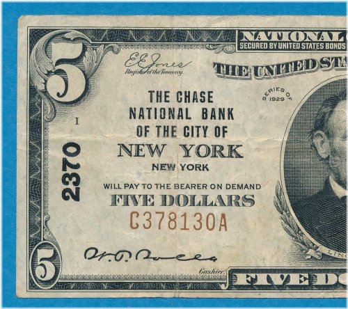The Chase National Bank $5.00 1929 Note