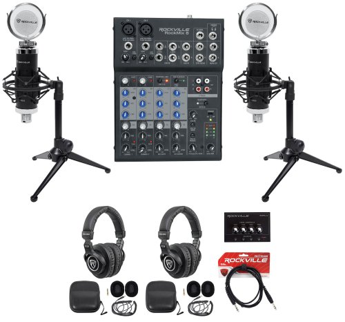 Podcast Recording Bundle with Mics, Mixer, and Headphones for Two People by Rockville