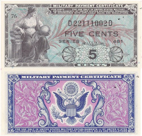 Korean Era 5 Cent Military Payment Certificate (Series 481, 1951-1954) - Uncirculated