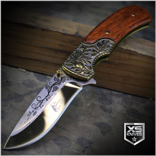 Ornate Cowboy Pocket Knife with Wood Handle and Golden Blade