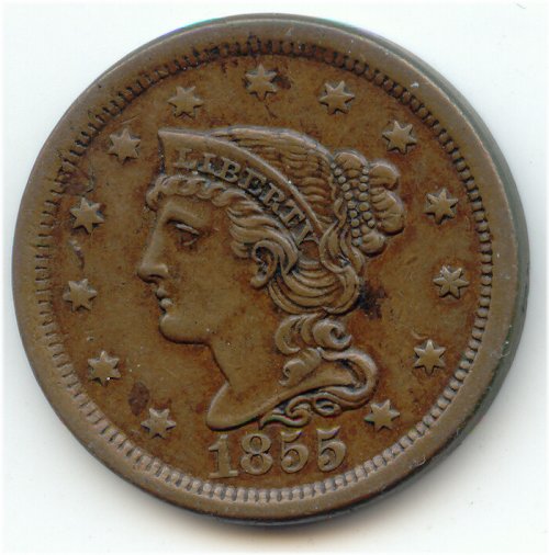 Upright 5's Braided Hair Large Cent, 1855