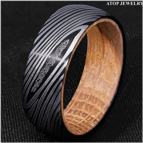 Whiskey Barrel Wood Sleeve Damascus Steel Ring