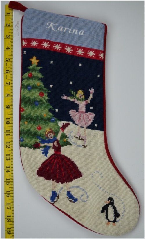 Frosty Skaters Wool Needlepoint Stocking