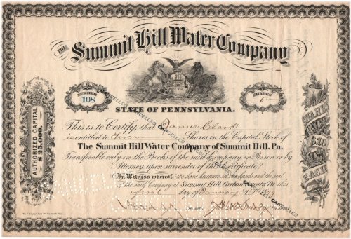 Summit Hill Water Co. Stock Certificate (1877)