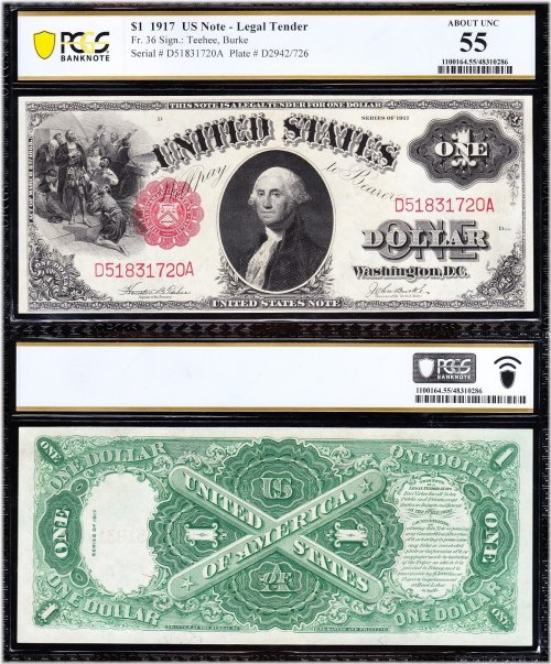 High Grade 1917 $1 'Sawhorse' US Legal Tender Note - PCGS 55