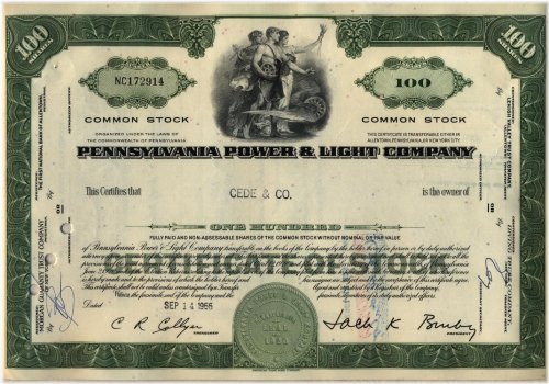 Power & Light Co. Allentown Stock Certificate