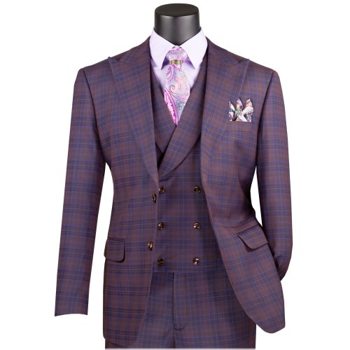 Violet Plaid Peak Lapel 3-Piece Modern Fit Suit
