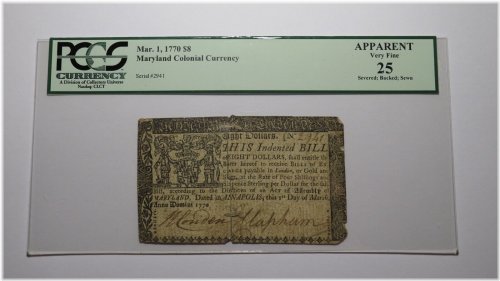 Annapolis Maryland 1770 $8 Colonial Bank Note