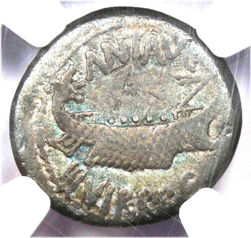 Marc Antony Silver Denarius - Galley Ship Coin 32 BC - NGC Certified Fine