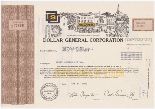 Kentucky Dollar General Corporation Stock Certificate